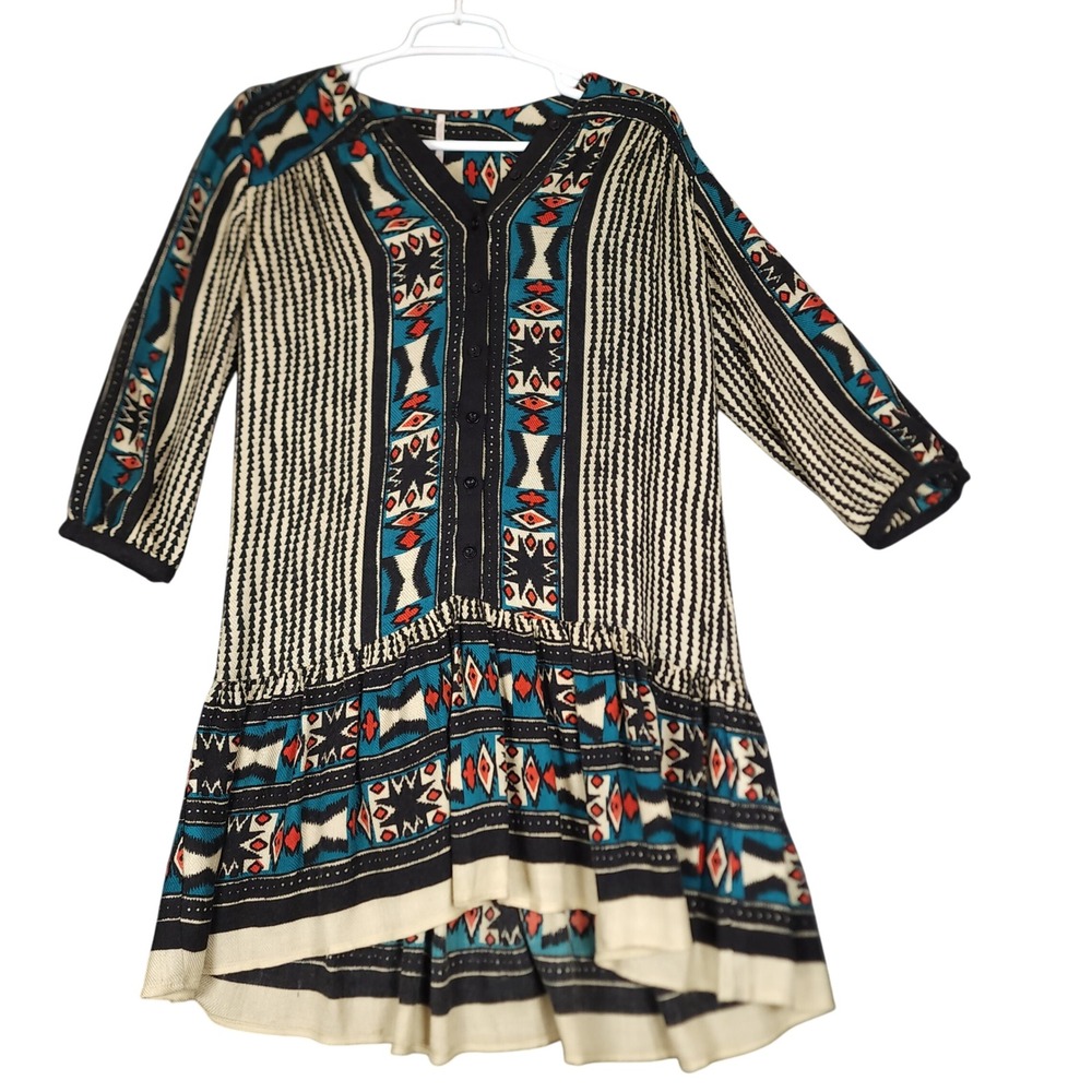 Free People Women's XS Printed Drop Waist Mini‎ Dress Teal Red Black